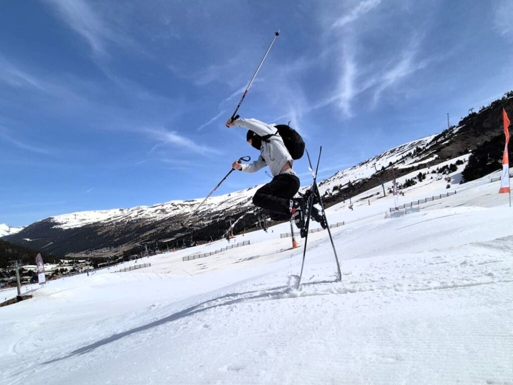 Longhill High School Student standing on the tip of their skis on the ski trip in Androrra