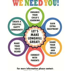 Friends of Longhill, We need you! Let's make Longhill Great! Enhance your child's learning Gain extra equipment Share your ideas and skills Connect with parents Make your voice heard Create a positive happy community For more information please contact: PTFA@longhill.org.uk We look forward to hearing from you!