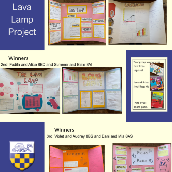 Year 8 Lava Lamp Project Winners: 1st: Florence and Yasmin 8BC and Jack and Rosie 8BI 2nd: Fadila and Alice 8BC and Summer and Elsie 8AI 3rd: Violet and Audrey 8BS and Dani and Mia 8AS First Prize: Lego set Second Prize: Small lego kit Third Prize: Board game. Logo of Longhill High School