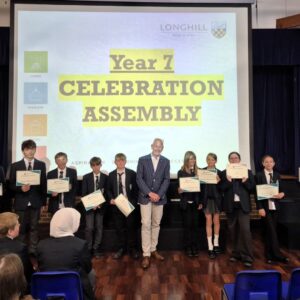 Photograph of students who participated in the Junior Mathematical Challenge at the Year 7 Celebration Assembly