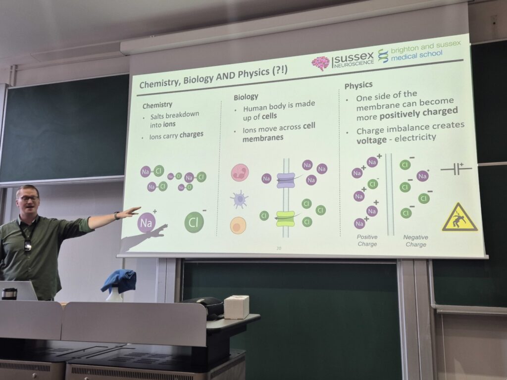 Lecturer pointing to the presentation about the areas of science, chemistry, biology and physics.