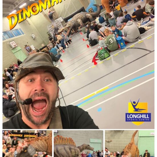 Photo collage from Dinomania 2026 in the Longhill Sports Centre