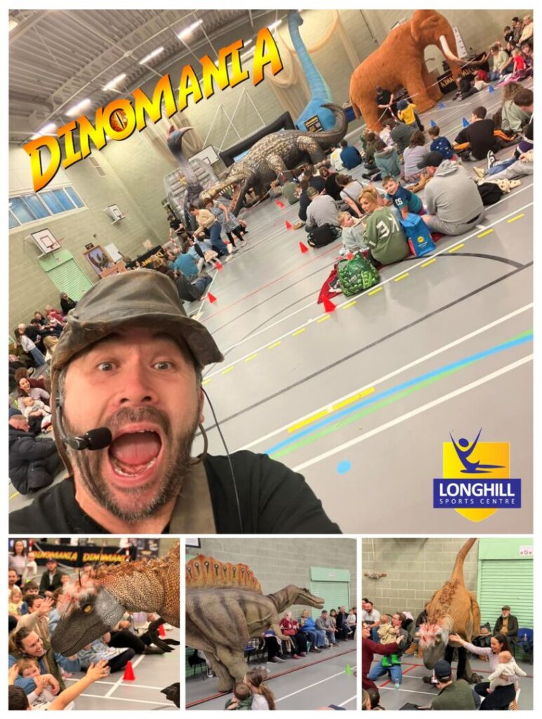 Photo collage from Dinomania 2026 in the Longhill Sports Centre