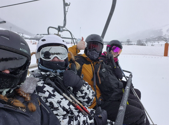 Group sitting on chair lift